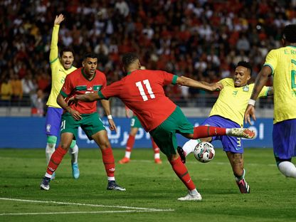 عبد الحميد صابري يسجل هدف فوز المغرب على البرازيل في مباراة ودية 25-3-2023 - Reuters