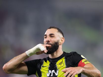 احتفال كريم بنزيما نجم الاتحاد بهدفه في مرمى الحزم بالدوري السعودي - 26 أكتوبر 2023  - X/@ittihad