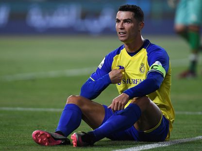 كريستيانو رونالدو خلال مباراة بين ناديي النصر والرائد في الدوري السعودي - 28 أبريل 2023 - AFP