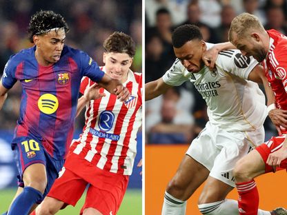 صورة مركبة من مواجهتي ذهاب ربع نهائي دوري أبطال أوروبا 25/26 بين ريال مدريد وبايرن ميونيخ وبرشلونة وأتلتيكو مدريد - Reuters