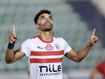 يوسف إبراهيم أوباما يحتفل بإحرازه هدفاً للزمالك في مرمى طلائع الجيش بالدوري المصري - 11 يوليو 2024 - AWP