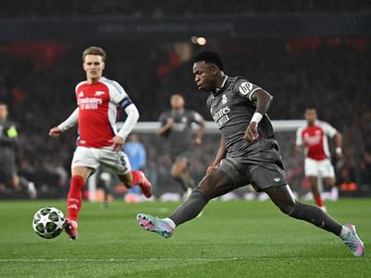 فينيسيوس جونيور لاعب ريال مدريد خلال مواجهة أرسنال في ذهاب ثمن نهائي دوري أبطال أوروبا - 9 أبريل 2025 - REUTERS