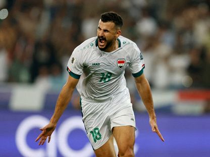 احتفال أيمن حسين مهاجم العراق بتسجيل هدف في مرمى فلسطين بتصفيات كأس العالم 2026 - 10 أكتوبر 2024 - Reuters