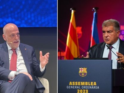 رئيس برشلونة جوان لابورتا ورئيس رابطة الدوري الإسباني خافيير تيباس في صورة مُركبة - الشرق