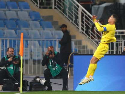 كريستيانو رونالدو يحتفل بهدف سجله للنصر في مرمى الفيحاء بدوري أبطال آسيا - 14 فبراير 2024 - AFP