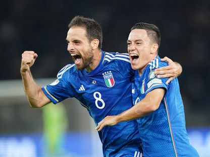 احتفال لاعبي إيطاليا بعد تسجيل أحد الأهداف في مرمى مالطا - 14 أكتوبر 2023 - AFP