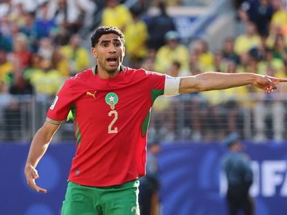أشرف حكيمي خلال مباراة بين المغرب والبرازيل في كأس العالم - 13 يونيو 2026 - IMAGN IMAGES via Reuters