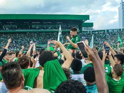 احتفال لاعبي شابيكوينسي بالصعود إلى دوري الدرجة الأولى البرازيلي لكرة القدم - 24 نوفمبر 2025 - X/@ChapecoenseReal