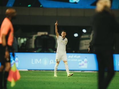 عبد الله الحمدان يحتفل بهدفه في مباراة الخليج والنصر بالدوري السعودي - 14 مارس 2026 - X/StatsSPL