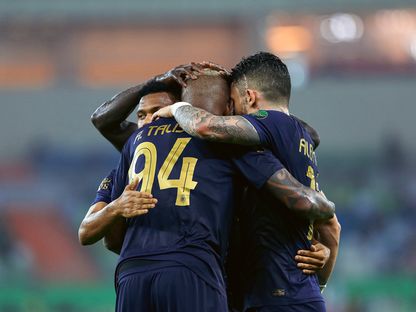 لاعبو نادي النصر يحتفلون بأحد أهداف الفريق في مرمى نادي أحد بكأس خادم الحرمين الشريفين - 25 سبتمبر 2023 - X/@AlNassrFC