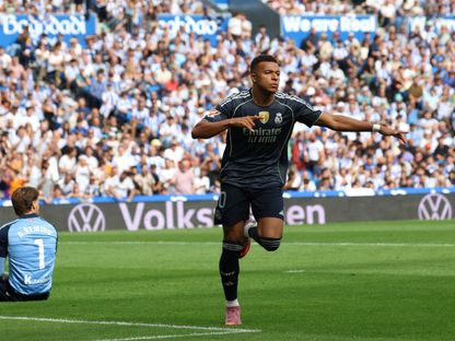 كيليان مبابي يحتفل بالتسجيل مع ريال مدريد ضد سوسيداد - 13 سبتمبر 2025 - Reuters