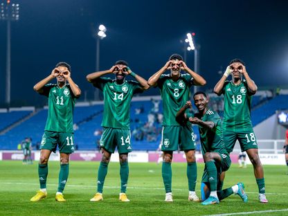 احتفال لاعبي منتخب السعودية بأحد أهدافهم في مرمى كمبوديا - 12 سبتمبر 2023 - X/SaudiNT