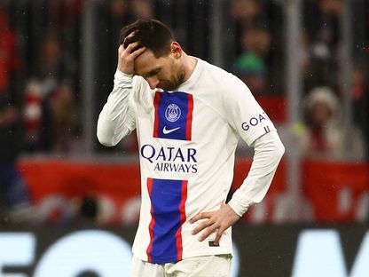 حسرة ليونيل ميسي لاعب باريس سان جيرمان بعد الهزيمة من بايرن ميونيخ في دوري أبطال أوروبا - 8 مارس 2023 - reuters