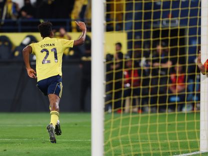 احتفال كينغسلي كومان لاعب النصر بتسجيل هدف في مرمى الاتفاق بالدوري السعودي -15 أبريل 2026 - X/@AlNassrFC