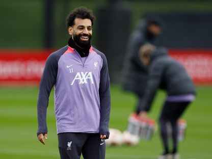 محمد صلاح لاعب ليفربول في حصة تدريبية - 13 مارس 2024 - REUTERS