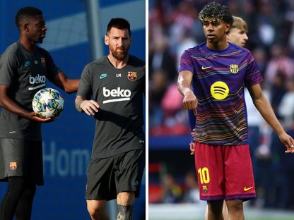 صورة مركبة ليامال وميسي وعثمان ديمبيلي في تدريبات برشلونة - الشرق
