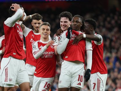 إيبريتشي إيزي لاعب أرسنال يحتفل بهدفه في مرمى ليفركوزن في دوري أبطال أوروبا - 17 مارس 2026 - Action Images via Reuters