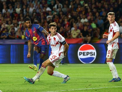 ماركوس راشفورد مهاجم برشلونة خلال مواجهة أولمبياكوس في دوري أبطال أوروبا - 21 أكتوبر 2025 - REUTERS