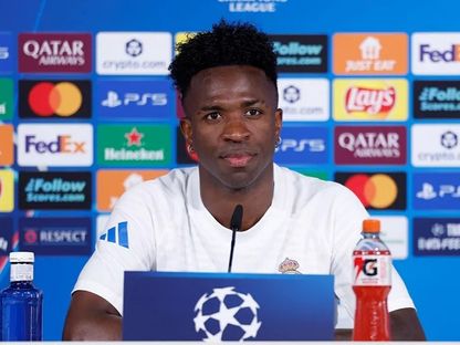 فينيسيوس جونيور نجم ريال مدريد خلال مؤتمر صحفي قبل مواجهة بايرن ميونيخ - 6 أبريل 2026 - @realmadrid