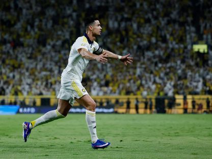 كريستيانو رونالدو مهاجم النصر يحتفل بهدفه الأول في مرمى ضمك في الدوري السعودي - 21 مايو 2026 - Reuters