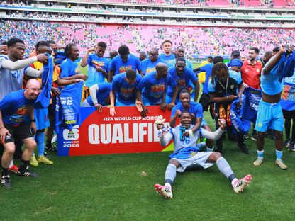 لاعبو جمهورية الكونغو الديمقراطية يحتفلون بتأهلهم لكأس العالم بعد فوزهم على جامايكا في نهائي الملحق العالمي بالمكسيك - 31 مارس 2026 - REUTERS