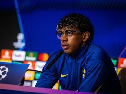 لاعب برشلونة لامين يامال خلال مؤتمر صحفي قبل مواجهة أتلتيكو مدريد في إياب ربع نهائي دوري أبطال أوروبا - 13 أبريل 2016 - X@FCBarcelona