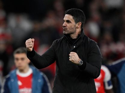 مدرب أرسنال ميكيل أرتيتا يحتفل بعد مباراة باير ليفركوزن في إياب دور 16 لدوري أبطال أوروبا - 17 مارس 2026 - Reuters