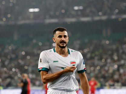 احتفال أيمن حسين  مهاجم العراق بتسجيل هدف في مرمى فلسطين بتصفيات كأس العالم 2026 - 10 أكتوبر 2024 - Reuters