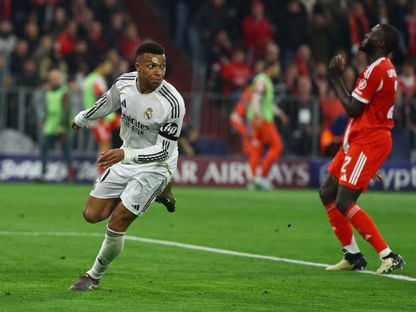 كيليان مبابي مهاجم ريال مدريد يحتفل بهدفه في مرمى بايرن ميونيخ في دوري أبطال أوروبا - 15 أبريل 2026 - Reuters
