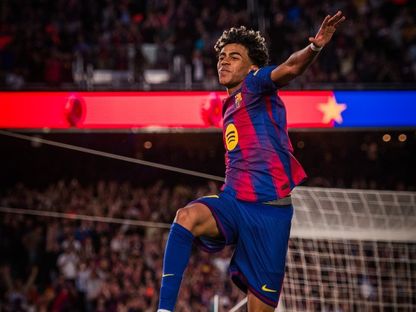 لامين يامال نجم برشلونة يحتفل بهدفه أمام إسبانيول - 11 أبريل 2026 - X@FCBarcelona