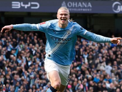 إيرلينغ هالاند بعد تسجيله هدفاً لمانشستر سيتي في مرمى ليفربول بكأس الاتحاد الإنجليزي - 4 أبريل 2026 - Action Images via Reuters