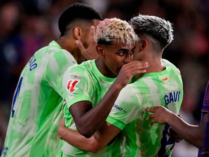 لامين يامال يحتفل بهدف فوز برشلونة على ليفانتي بالدوري الإسباني - 23 أغسطس 2025 - Reuters