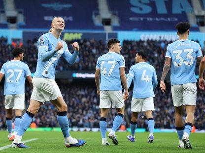 إيرلينغ هالاند مهاجم مانشستر سيتي يحتفل بهدفه الأول أمام وست هام في الدوري الإنجليزي - 20 ديسمبر 2025 - Action Images via Reuters