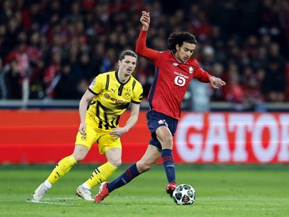 أيوب بوعدي خلال مباراة بين ليل وبوروسيا دورتموند في دوري أبطال أوروبا - 12 مارس 2025 - REUTERS