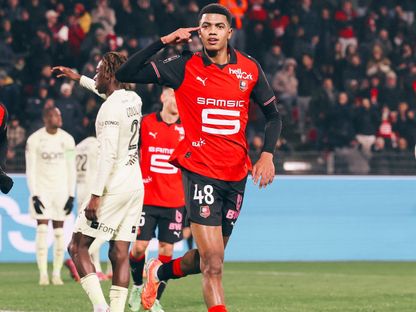 المغربي عبد الحميد آيت بودلال يحتفل بهدفه في مباراة رين وموناكو بالدوري الفرنسي - 22 نوفمبر 2025 - X/staderennais