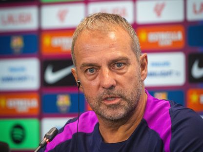 مدرب برشلونة هانزي فليك خلال مؤتمر صحافي - 13 سبتمبر 2025 - X/@FCBarcelona_es