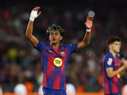 لامين يامال يحتفل بهدفه في مباراة برشلونة وإسبانيول بالدوري الإسباني - 11 أبريل 2026 - Reuters