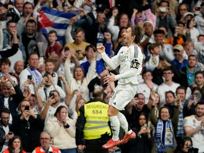 لوكا مودريتش نجم ريال مدريد يحتفل بهدفه أمام جيرونا في الدوري الإسباني - 23 فبراير 2025 - Reuters