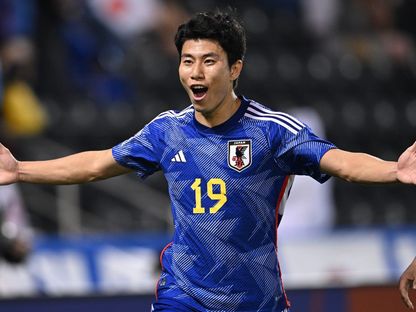 ماو هوسويا لاعب المنتخب الياباني يحتفل بهدفه في مرمى العراق بنصف نهائي كأس آسيا تحت 23 عاماً- 30 أبريل 2024 - X/@jfa_samuraiblue