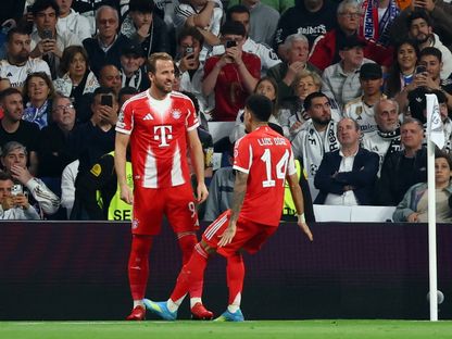هاري كين مهاجم بايرن ميونيخ يحتفل بهدفه في مرمى ريال مدريد بدوري أبطال أوروبا - 7 أبريل 2026 - Reuters