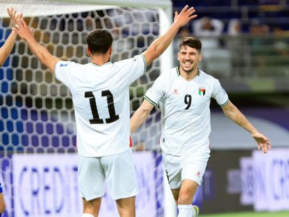 احتفال لاعبي فلسطين بتسجيل هدف في مرمى الكويت بتصفيات كأس العالم 2026 - 5 يونيو 2025 - FB/@الاتحاد الفلسطيني لكرة القدم