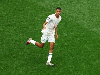 عز الدين أوناحي لاعب المغرب يحتفل بهدفه الأول في مرمى كندا في كأس العالم - 4 يوليو 2026 - Reuters