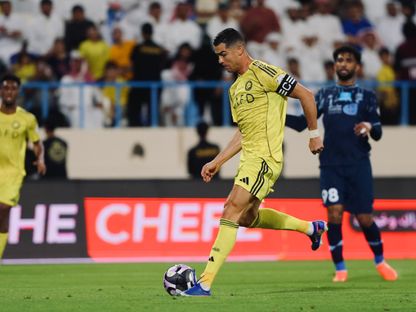 كريستيانو رونالدو نجم نادي النصر لحظة تسجيل هدف في مرمى الأخدود بالدوري السعودي - 11 أبريل 2026 - X/@AlNassrFC