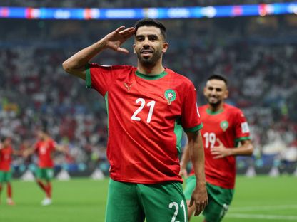 كريم البركاوي يحتفل بهدف سجله للمغرب في مرمى السعودية بكأس العرب - 8 ديسمبر 2025 - Reuters