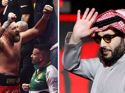 المستشار تركي آل الشيخ رئيس مجلس إدارة الهيئة العامة للترفيه في السعودية والملاكم البريطاني تايسون فيوري في صورة مركبة - 16 يناير 2025 - الشرق