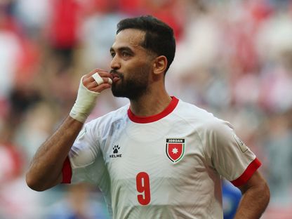 سعد الروسان لاعب الأردن يحتفل بتسجيل هدف في مرمى الكويت بكأس العرب - 6 ديسمبر 2025 - Reuters