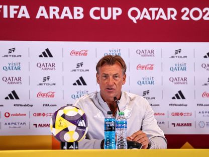 هيرفي رينارد مدرب منتخب السعودية في المؤتمر الصحفي قبل مواجهة فلسطين في ربع نهائي كأس العرب - 10 ديسمبر 2025 - X/@aawsat_spt