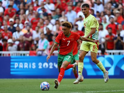 إلياس بن صغير في مباراة المغرب وإسبانيا بنصف نهائي أولمبياد باريس 2024 - 5 يوليو 2024 - Reuters