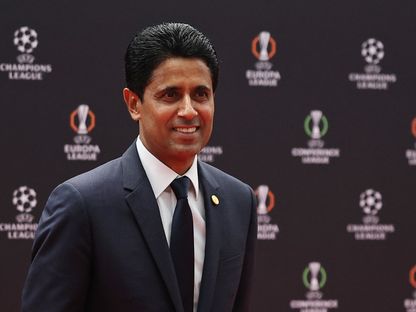ناصر الخليفي رئيس باريس سان جيرمان خلال قرعة دوري أبطال أوروبا - 27 أغسطس 2026 - Reuters