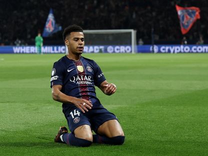 ديزيري دوي يحتفل بهدفه خلال مباراة باريس سان جيرمان وليفربول بدوري أبطال أوروبا - 8 أبريل 2026 - Reuters